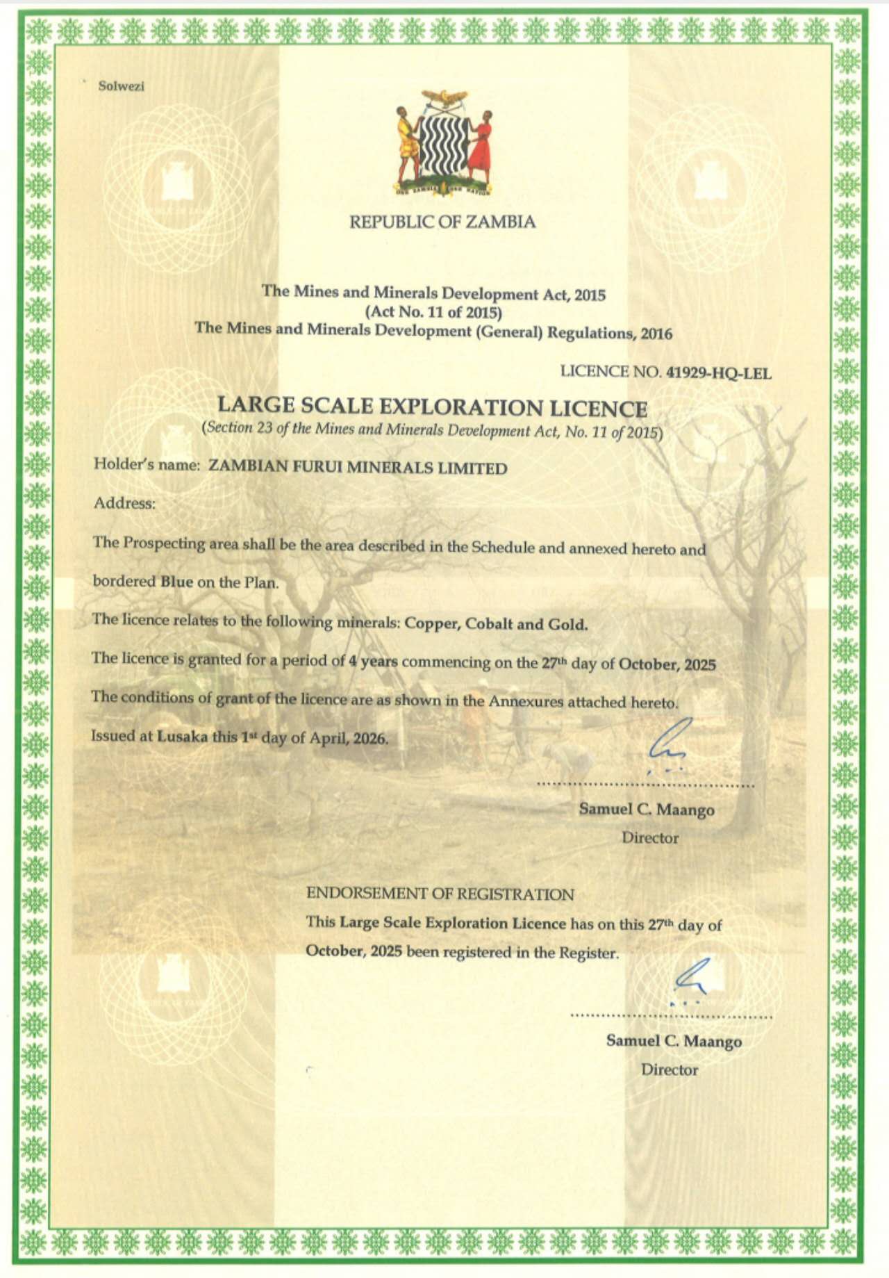 里程碑时刻 | 氟瑞矿业成功拿下赞比亚大型勘探许可